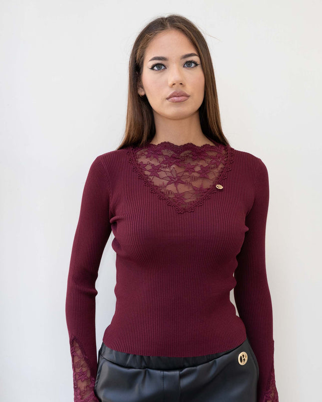 MAG8159 MAGLIA MANICA LUNGA CON PIZZO BORDEAUX