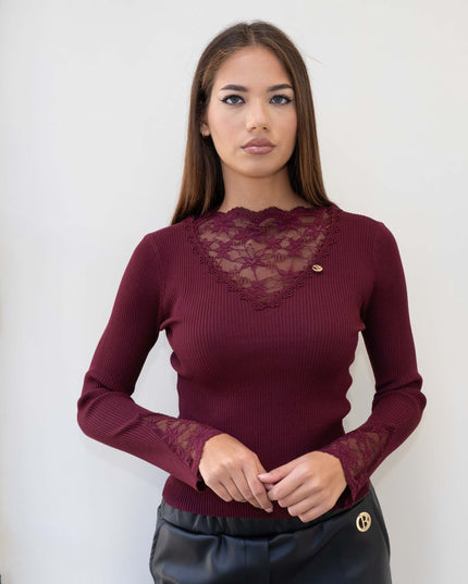 MAG8159 MAGLIA MANICA LUNGA CON PIZZO BORDEAUX