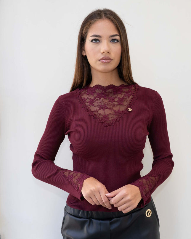 MAG8159 MAGLIA MANICA LUNGA CON PIZZO BORDEAUX