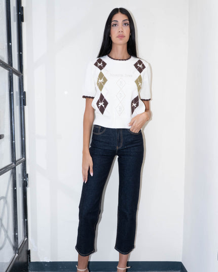 MAG8149 MAGLIA CON ROMBI E FIOCCHETTI PANNA