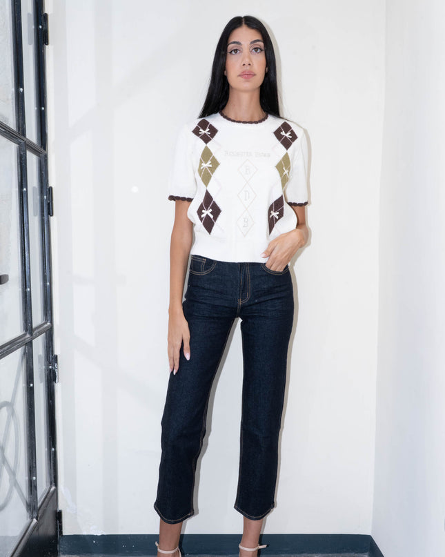 MAG8149 MAGLIA CON ROMBI E FIOCCHETTI PANNA