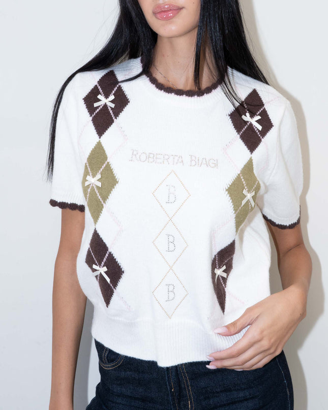 MAG8149 MAGLIA CON ROMBI E FIOCCHETTI PANNA