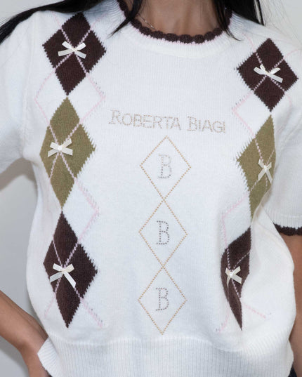 MAG8149 MAGLIA CON ROMBI E FIOCCHETTI PANNA