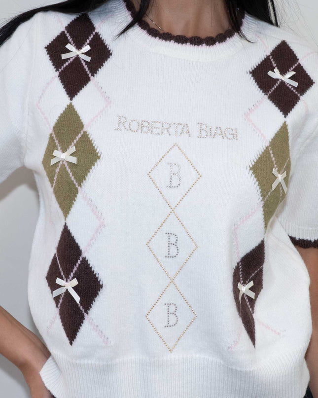 MAG8149 MAGLIA CON ROMBI E FIOCCHETTI PANNA