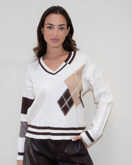 MAG8148 MAGLIA CON MANICA TRECCIA PANNA