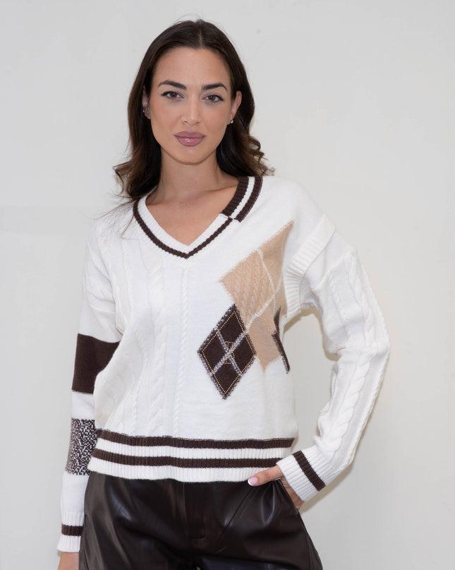 MAG8148 MAGLIA CON MANICA TRECCIA PANNA