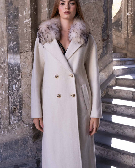 CAP0755 CAPPOTTO CON COLLO VERA PELLICCIA PANNA