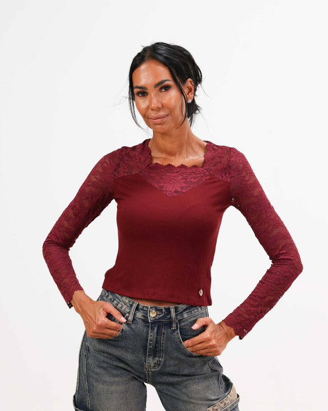 MAG8123 MAGLIA CON MANICA IN PIZZO BORDEAUX