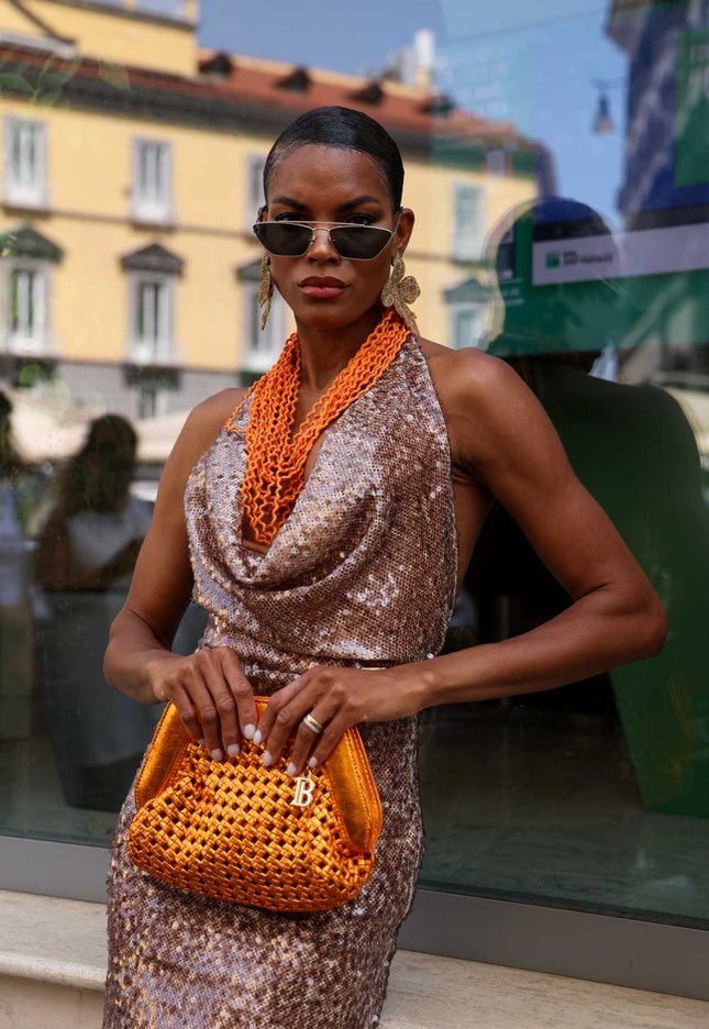 Long bronze sequin dress with halter neckline