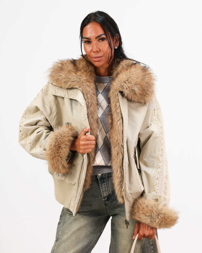 GIU1814 BOMBER CON COLLO E POLSI IN ECOPELLICCIA BEIGE