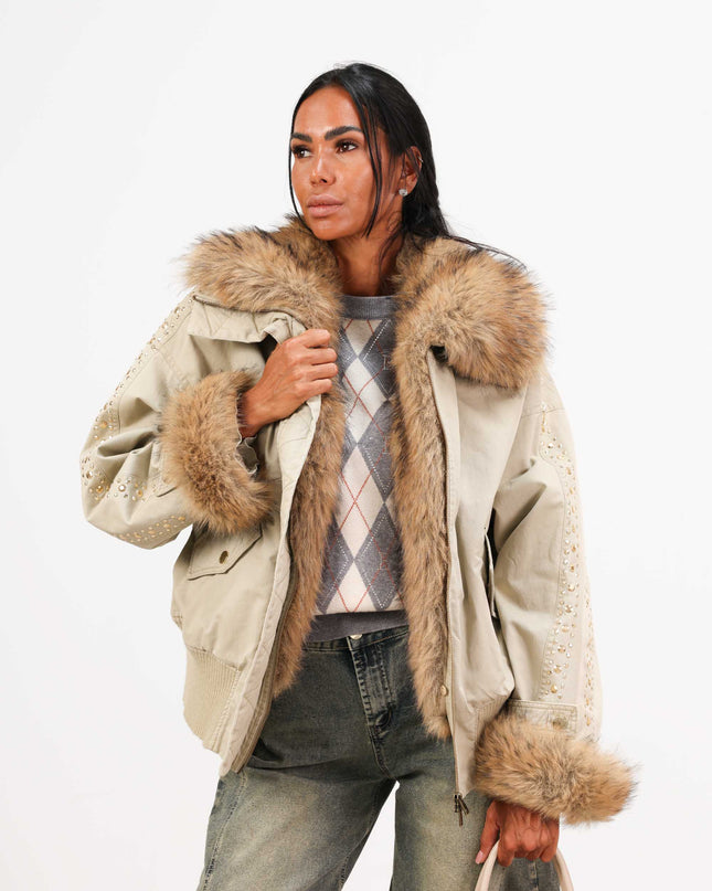 GIU1814 BOMBER CON COLLO E POLSI IN ECOPELLICCIA BEIGE