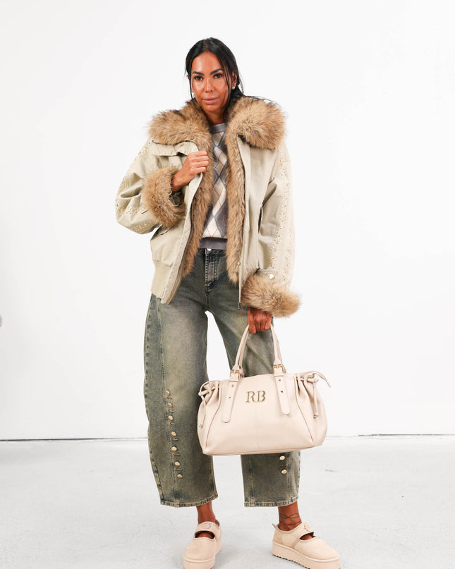 GIU1814 BOMBER CON COLLO E POLSI IN ECOPELLICCIA BEIGE