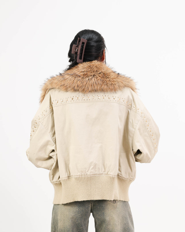 GIU1814 BOMBER CON COLLO E POLSI IN ECOPELLICCIA BEIGE