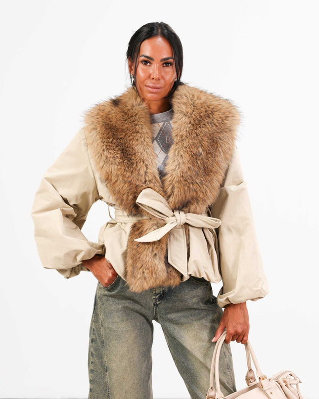 GIA1174 GIACCA OVER CON COLLO ECOPELLICIA BEIGE