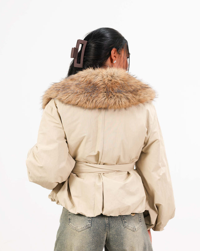 GIA1174 GIACCA OVER CON COLLO ECOPELLICIA BEIGE
