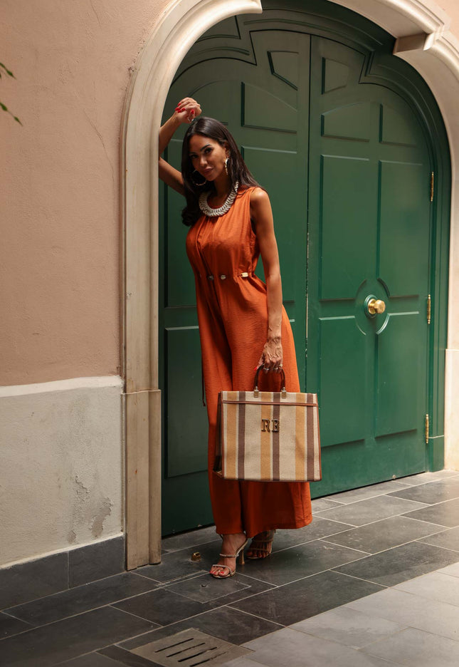 Burnt orange cotton palazzo jumpsuit with shell details