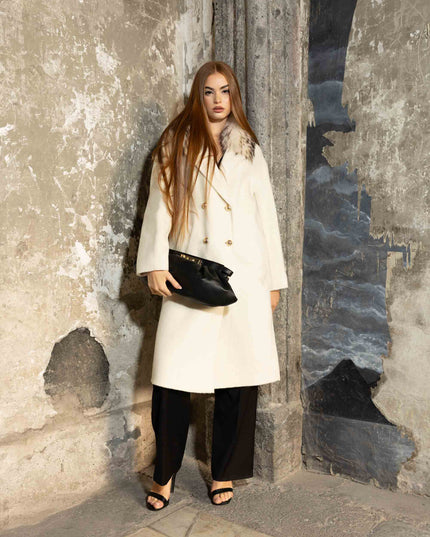 CAP0755 CAPPOTTO CON COLLO VERA PELLICCIA PANNA
