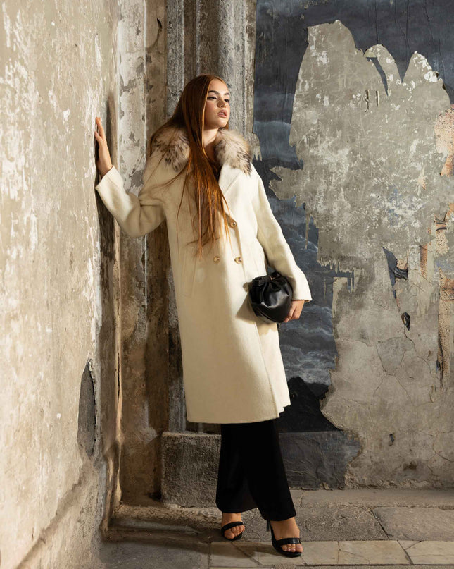 CAP0755 CAPPOTTO CON COLLO VERA PELLICCIA PANNA