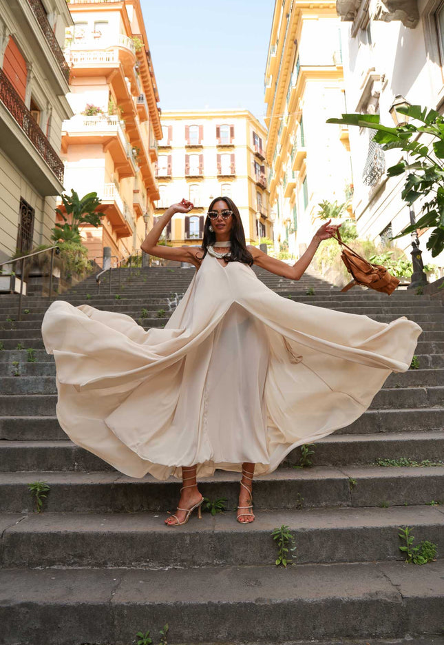 Long nude slip dress with V-neck and choker detail