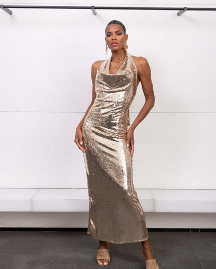 Long gold sequin dress with halter neckline