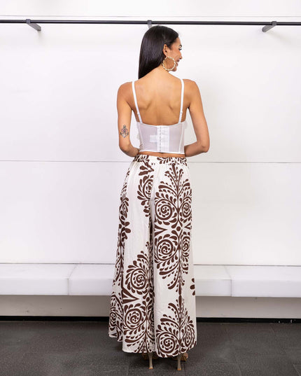 Pantalone palazzo a vita alta con stampa barocca color panna e cioccolato