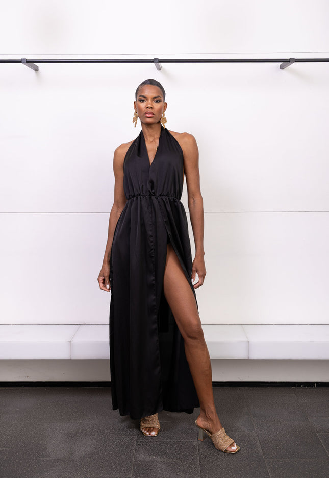 Long black dress with slit and halter neckline