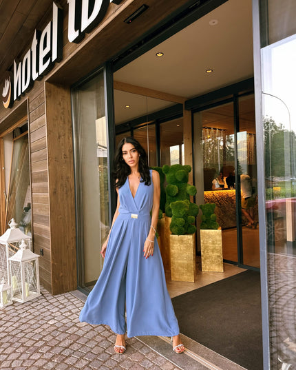 Vestido longo com decote cruzado e cinto com logo Roberta Biagi